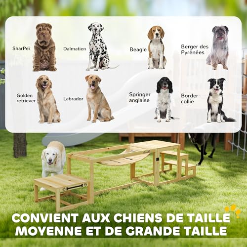 PawHut Agility Set Hunde 3-teiliges Set Agility-Ausrüstung mit Brücke, Treppe, Plattform, Hundetraining aus Tannenholz für mittelgroße, große Hunde bis 40 kg, Naturholz