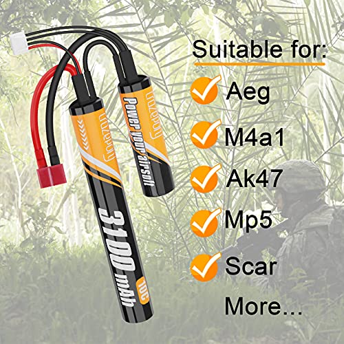 Crazepony 11.1V Airsoft Battery Nunchuck, 3100mAh Mini Rechargeable Tactical Aeg M4 Ak47 Small Lithium Ion Batteries with T-Plug to Tamiya for Airsoft Rifle