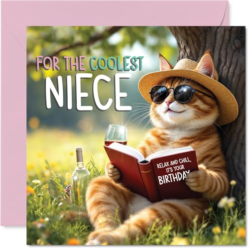 Stuff4 Niece Birthday Card - Story Book Cat - Happy Birthday Card for Niece from Aunt Uncle, 5.7 Inch book cat Bday Greeting Cards