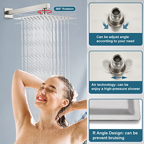 Midanya Rain Shower System 10 Inch Brushed Nickel Tub Shower Faucet Set Square Rainfall Shower Head With Handheld Sprayer And Waterfall Tub Spout Rough-In Valve 3-Function Mixer Combo #TOP1