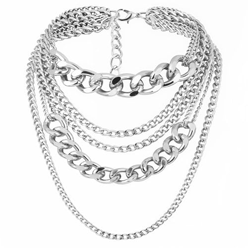 Chunky Silver Necklace, Layered Silver Chunky Necklace, Trendy Punk 80s Hip Hop Silver Necklace for Women, Cuban Chain Pendant Necklace 90s Outfit Accessories
