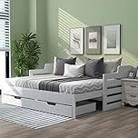 ANIROY 3FT Single Daybed, Single Guest Bed Sofa Bed with Pull Out Trundle and Storage Drawer, Cabin Bed for Living Room and Bedroom, 90 x 190cm, White