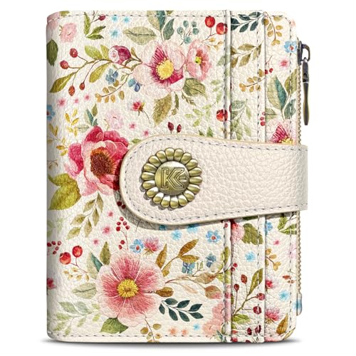 Image of Kelvoris Red Flower Floral Small Rfid Women Wallet Bifold Zipper Coin Pocket PU Leather Compact Cash Credit Card Holder Travel Wallet for Female Ladies Teen Girls 1 ID Window 10 Card Slots