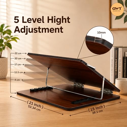 Image of Goodwill Tech Wooden Laptop Desk Table Top with Adjustable Height, Foldable, Writing, Drawing Desk Stand for Study, Office (Rolex, 15x21)