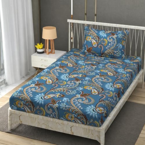 Image of Vram Premium Heavy Cotton Elastic Fitted Bedsheets with 1 King Size Pillow Covers || Single Bed with All Around Elastic 350 TC || 36 x 78 x 6 Inch Single Size Fitted || :- Blue Jaipuri