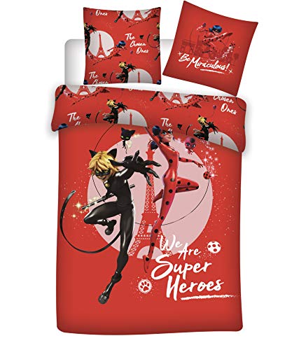 AYMAX S.P.R.L. Miraculous - Juego de funda nórdica y funda de almohada (140 x 200 cm y 65 x 65 cm, algodón)