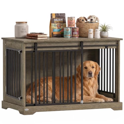 Cage meuble pour chien effet bois gris avec porte coulissante