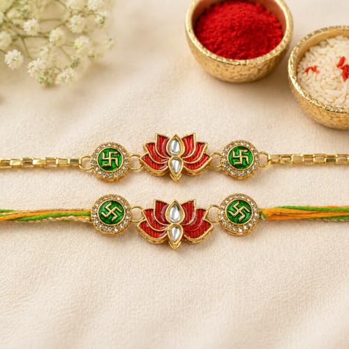 Image of CraftVatika Rakhi Gift Combo Set for Brother and Bhabhi, Premium Designer Lotus Rakhis for Rakshabandhan, Stylish Lumba Rakhi for Bhabhi, Raki with Best Wishes Card and Tillak Set for Him
