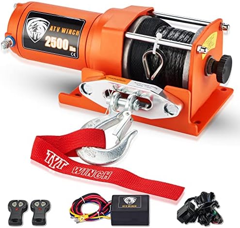 TYT 2500 lb. Advanced ATV/UTV Winch with Synthetic Rope Kits, 12V Electric Winch for ATV, UTV, Towing, Boat, Off Road, Waterproof IP67 Portable Winch with Winch Mounting Plate and 2 Wireless Remotes