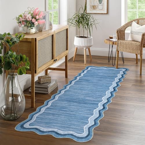 GarveeHome Washable Runner Rug 2x6 Kitchen Hallway Scalloped Rugs Non Skid Stain-Resistant Washable Modern Solid Soft Scalloped Entryway Carpet Runner for Bathroom Laundry Room Bedside(Blue,2x6)