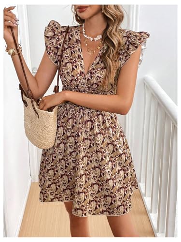 Image of Floerns Women's Printed V Neck Ruffle Cap Sleeve Dress Ruched A Line Mini Dresses