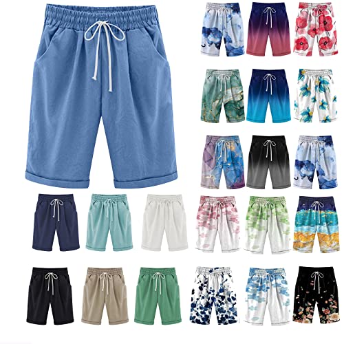 YMADREIG Bermuda Shorts for Women Knee Length Plus Size Shorts Elastic Waist Drawstring Linen Shorts Pull On Long Shorts - Image 4