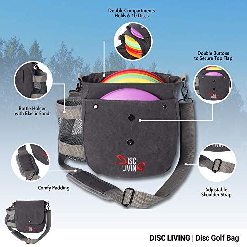Disc Living Disc Golf Bag | Frisbee Golf Bag | Easy to Carry | Lightweight Fits Up to 10 Discs | 16 oz Waxed Canvas Sturdy Design | Belt Loop | Double Button Design | Bottle Holder (Grey) - Thumbnail 2