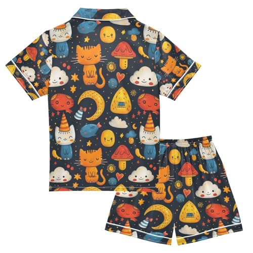 senya Cat Strawberry Satin Summer Pajama Sets Silk Short Sleeve Button Down Sleepwear2