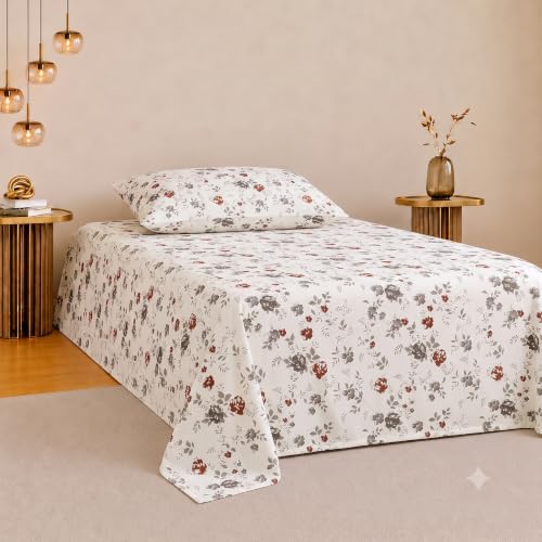 Image of IVAZA 220 TC Soft Ezyption Cotton Floral Single Bed Sheet - Single bedsheet with 1 Pillow Cover Hypoallergenic, Brethable, (Size- 90 x 60 Inch Grey Flower