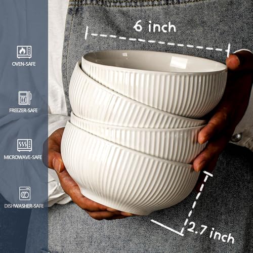 Artena Ceramic Cereal Bowls 26 oz, Embossment Soup Bowls Set of 4, White Salad Bowl for Kitchen, Dinner, Breakfast, Oatmeal, Rice, Pasta, Dishwasher Microwave Safe Bowls (Stripes) by Artena - Used condition - Image 3