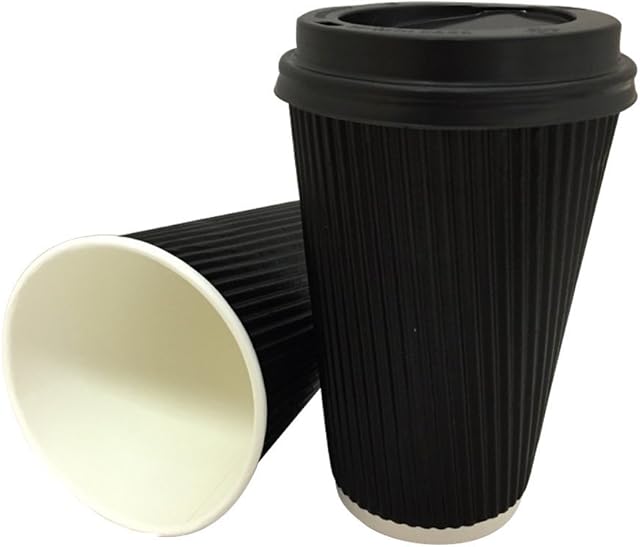 We Can Source It Ltd - 100 x 12oz Black Ripple Paper Wall Disposable Tea Coffee Cappuccino Hot Drinks Cups & Black Sip Through Lids