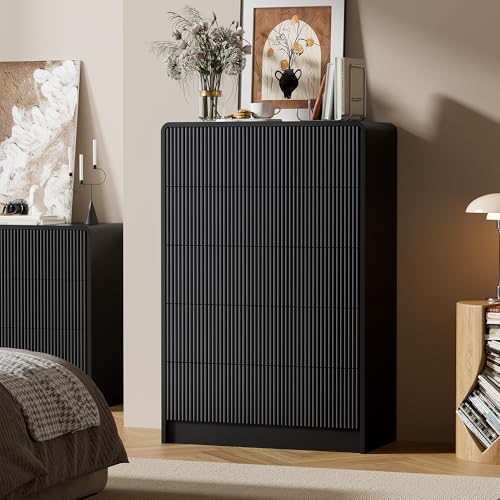 Image of Furniway Black 5 Drawer Dresser for Bedroom, Curved Tall Dresser with Push-to-Open Design, Chest of Drawers for Bedroom, Living Room, Hallway, 15.7 inchD x 32 inchW x 47.2 inchH
