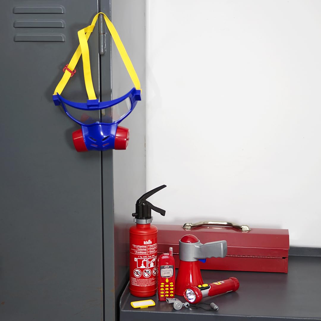 Theo Klein 8950 Set de Pompier, 7 pièces - Masque à gaz, Lampe Torche avec Fonction Lumineuse, extincteur avec Fonction vaporisation, téléphone, sifflet, mégaphone et Badge - pour Enfants dès 3 Ans