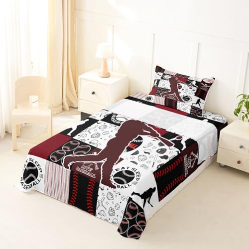 Image of Castle Fairy Baseball Player Bed Sheet Set for Kids,Sports Geometric Grid Red Sheets Set,Patchwork Baseball Home Decor Sheet Sets with Deep Pocket,Top Flat Sheet,Twin Size