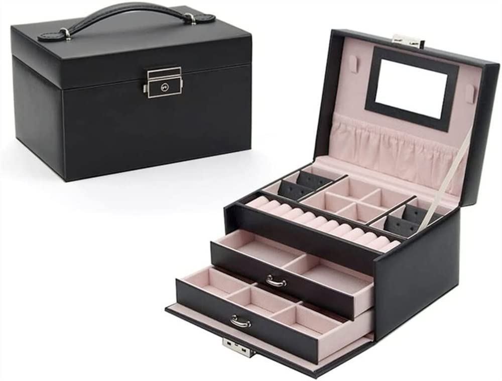 TIANQIHAO Pu Leather Jewelry Box Organizer, Portable Jewelry Box, Jewelry Box For Women Girls, 3 Layer Jewelry Organizer Box, Travel Jewelry Case,Black