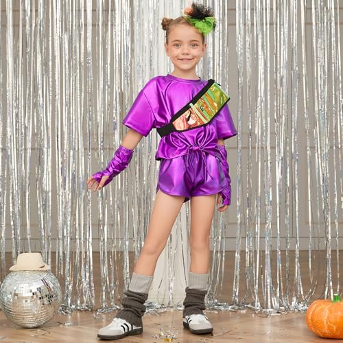 Image of Perfashion Girls Metallic Shirts Shiny Tie Front Knot Crop Top with Arm Sleeves for Dancing Raves Festivals 4-15 Years