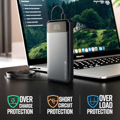 Image of ZEBRONICS EnergiPOD 27R3 Power Bank, 27000 mAh, 100W, PD 3.0 Type C, Rapid Charging, Outputs - Dual Type C | USB A, LED Display, Auto Protections, Flight Friendly, Made in India (Black+Grey)