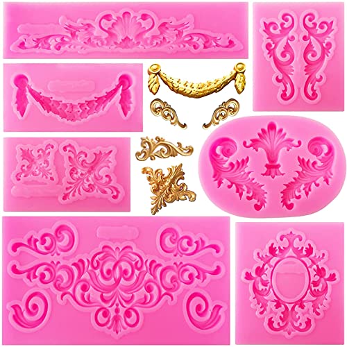 7Pcs Baroque Style Curlicues Scroll Lace Silicone Fondant Molds, Relief