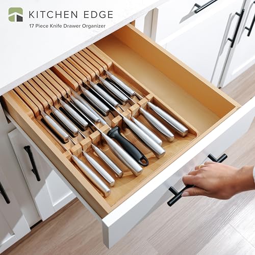 Knife Block Drawer Organizer – Kitchen Edge 17-Slot Drawer Insert with Sharpener Slot, Silicone Handle Grips & Non-Slip Base, 11.4in x 17.4in, Sleek Space-Saving Design, Bamboo Finish by KitchenEdge - Image 6