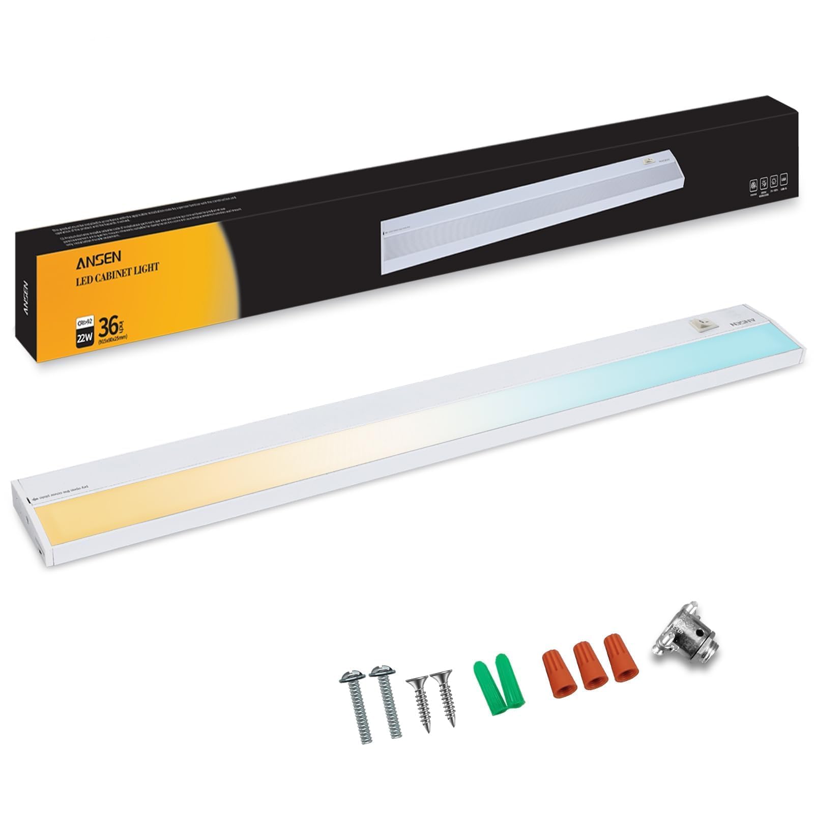Ansen Hardwired Under Cabinet Lighting, 36in 22W LED Light for Kitchen/Closet, 1426lm, CRI>92, R9>90, Dimmable, 3 Color Temperature, 3000K/4000K/5000K(Warm White, Cool White, Daylight)