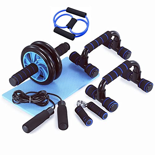 Kit de Fitness con Rodillo de Abdominal Conjunto de 7 piezas, Kit de Fitness con AB Roller Wheel, abdominales de doble rueda, rodilleras, figura 8, cuerda y...