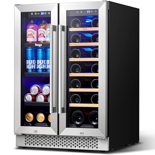 Yeego 24 Inch Wine and Beverage Refrigerator, Hold 60 Cans and 20 Bottles Dual Zone Wine Beer Fridge Cooler with Stainless Steel French Door Digital Temperature Control and Key Lock Quiet Operation