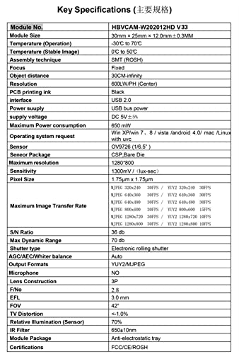 Modulo fotocamera 1 milione di pixel OV9726 modulo sensore CMOS senza driver pc colore: lunghezza focale 42 gradi 3.0 mm dimensioni: 1 MP usb