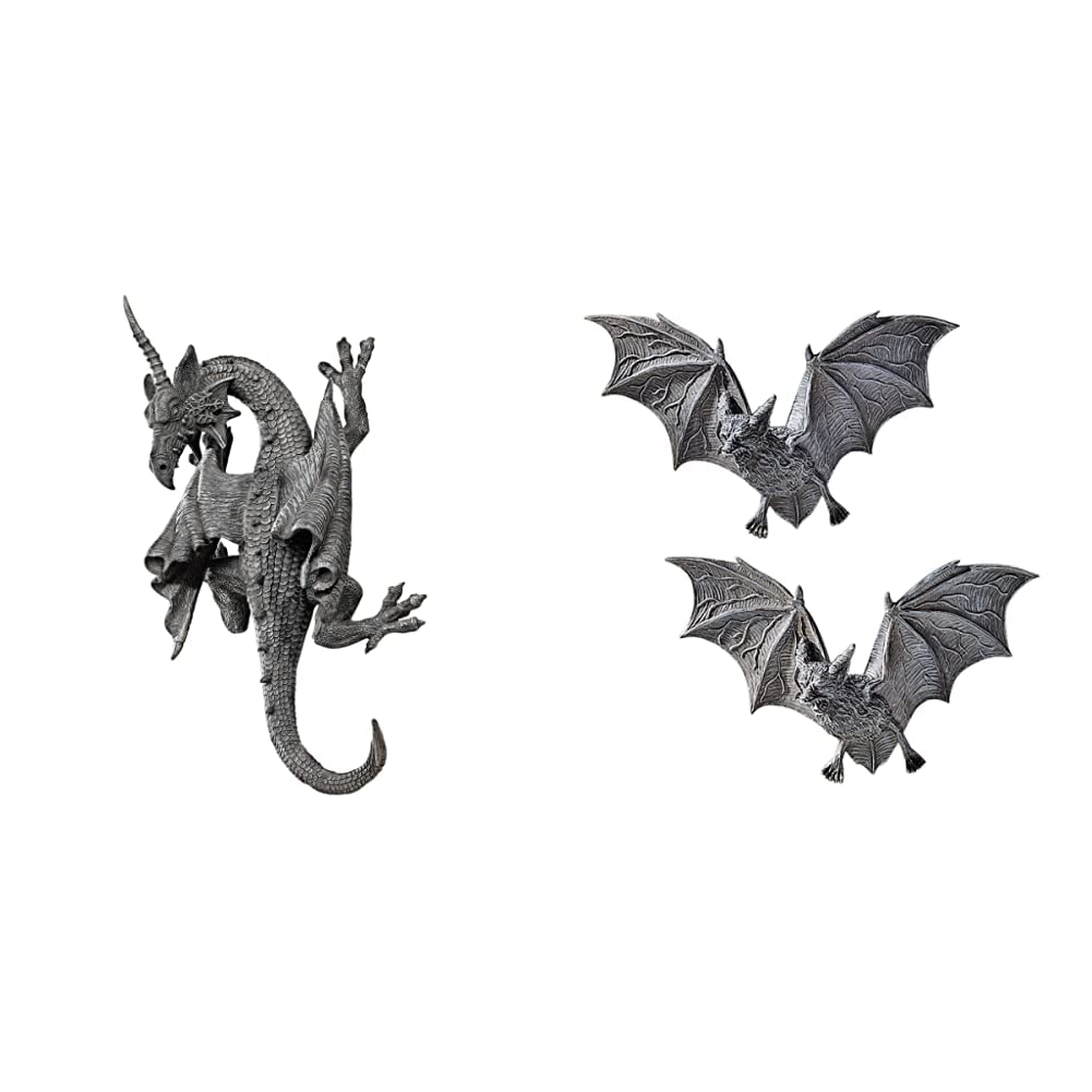 Design Toscano PD1376 Horned Dragon of Devonshire Wall Sculpture, 33 cm, Polyresin, Grey Stone & PD0054 the Vampire Bats of Castle Barbarosa Wall Sculptures - Set of 2