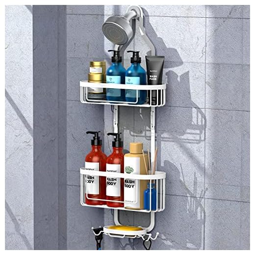 Kadolina Anti-Swing Bathroom Hanging Shower Caddy, Over Head Shower Caddy Organizer Basket with Hooks for Towels, Razor and Sponge, White [Patented]