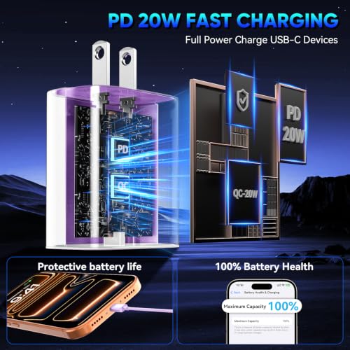 Image of Phone 17 16 15 Pro Charger Fast Charging, 20W USB C Fast Charger Block with 10FT Long Type C Chargers Fast Charging Cable Cord for Phone 17 /17 Pro /17 Pro Max /Air /16 Pro Max /16 Pro /15Pro-Lavender