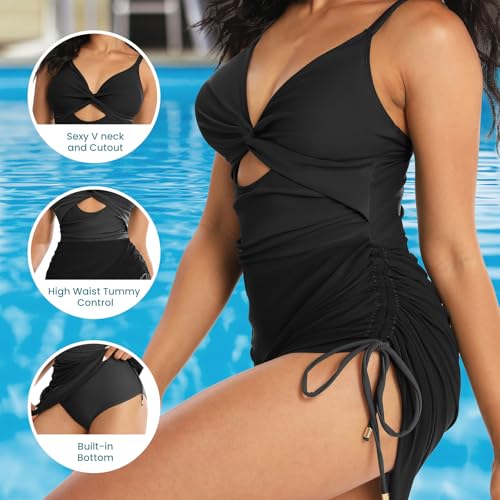 Women's One Piece Swimsuit Tummy Control Swim Dress V Neck Cutout Bathing Suits Wrap Drawstring Sarong Swimwear2