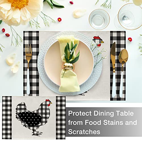 Seliem Farm Chicken Hen Animal Placemats Set Of 4, Black White Buffalo Check Plaid Farmhouse Chick Dining Table Place Mats, Spring Summer Country Rustic Kitchen Decor Home Decoration 12 X 18 Inch #TOP4