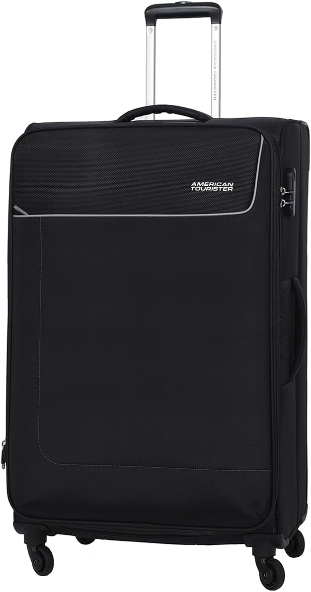Jamaica Suitcase, Check-In Size 69 cm / 25 inch, 4 Spinner Wheels, Soft Top, 100% Polyester, Black|TSA Lock|Expandable|Front Pocket Storage|Corner Guard - 3 Years Global Warranty