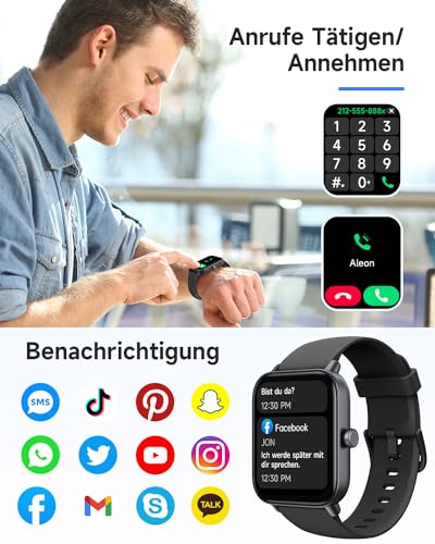 TOOBUR Smartwatch Herren Damen mit Alexa und Telefonfunktion, 1,8" Fitnessuhr mit 100 Sports, 24/7 Puls, Schrittzähler und Fitness-Tracker, IP68 Wasserdicht für Schwimmen, Kompatibel Android iOS – Bild 3