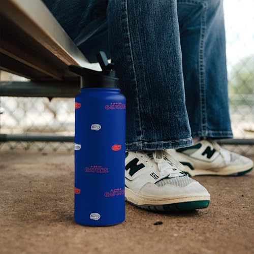 Image of Logo Brands NCAA Florida Gators Step & Repeat 34 oz Stainless Steel Quencher Bottle - All Over Logo Design, No-Spill Lid, Easy Carry Handle - Keeps Drinks Cold For Hours