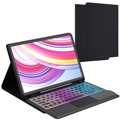 für Xiaomi Redmi Pad Pro 12.1 Zoll 2024 Hülle mit Tastatur: Xiaomi Pad POCO 12.1 2024 Tastatur mit Touchpad & 3-Zozen-7-Farbige Beleuchtung - Deutsches QWERTZ-Layout Tastaturen Hülle mit Pen Halter