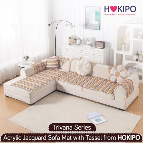 Image of HOKIPO L Shape (2+2 Seater) Sofa Cover Seat Mat | 300 GSM Cotton Acrylic Jacquard Fabric with Tassel, 'Trivana Series' Chocolate Brown (IN-934+935-J4)