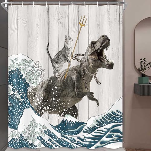 Image of Boziqr Funny Cat Shower Stall Curtain, Cool Cat Dinosaur Japanese Ocean Wave Decor Fabric Bathroom Curtains, Kids Children Rustic Wooden Farmhouse Shower Curtain, 60 X 70 Inches