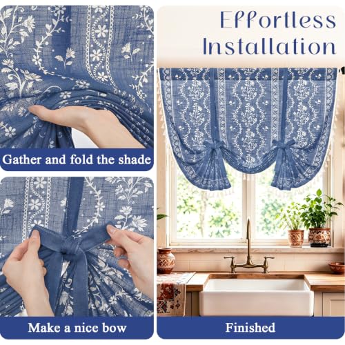 Image of Yinhua Boho Tie Up Curtains for Windows Vintage Linen Valance Light Filtering Floral Valance Rod Pocket Rustic Adjustable Tassel Window Valances for Bathroom, 42 inch W X 45 inch L, Blue