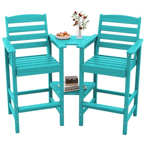 SERWALL Tall Adirondack Chairs Set of 2 with Connecting Table, All Weather Outdoor Barstools, Aruba Blue