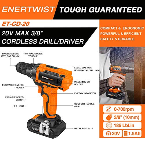 Enertwist 20V Max Cordless Drill, 3/8 Inch Power Drill Set With Lithium Ion Battery And Charger, Variable Speed, 19 Positions And 28-Pieces Drill/Driver Accessories Kit, Et-Cd-20 #TOP1