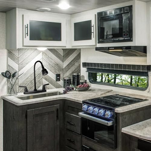RV Kitchen Faucet,Camper RV Kitchen Sink Faucet Replacement with 2 Handles Flexible Spout 360 Swivel Rotatable Tri-Function Sprayer for Motorhomes,Travel Trailers,8 inch 2 Hole,Non-Metallic,Black