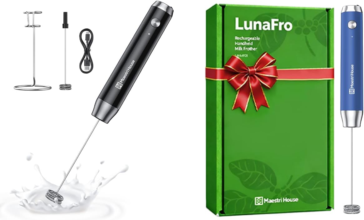 Product Image Maestri House Rechargeable Milk Frother with Stand, LunaFro Handheld Electric Foam Maker +Gift Box