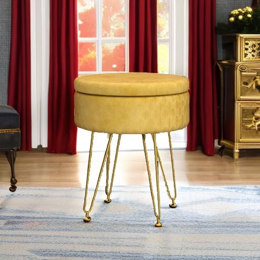 Cpintltr Velvet Ottoman Round Footrest Footstools with Storage Space Soft Vanity Chair with Memory Foam Seat Small Side Table Hallway Step Stool 4 Gold Metal Legs with Adjustable Footings Ginger - Image 2